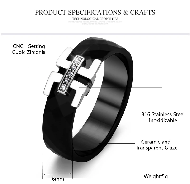 Пояс черные керамические кольца 6 мм раздел для женщин палец юбилей кольцо Белый кубический цирконий юбилей кольца модные ювелирные изделия
