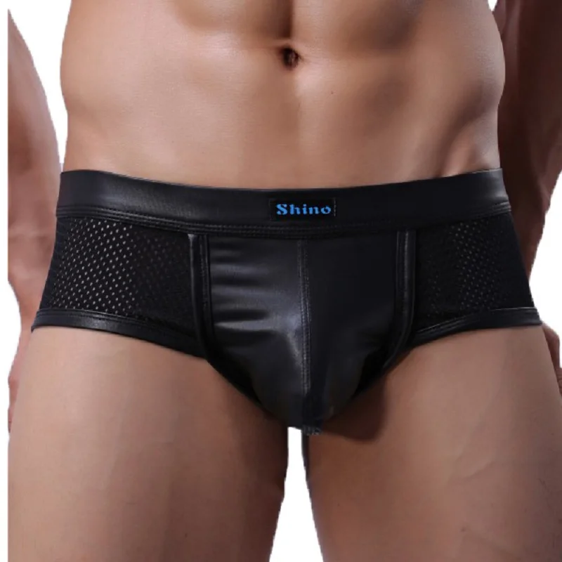 

New PU Faux Leather Men's Mesh Small Boxer Shorts Fine Workmanship Fighter Shorts Low Waist U Convex Pouch Gay Couple Underwear