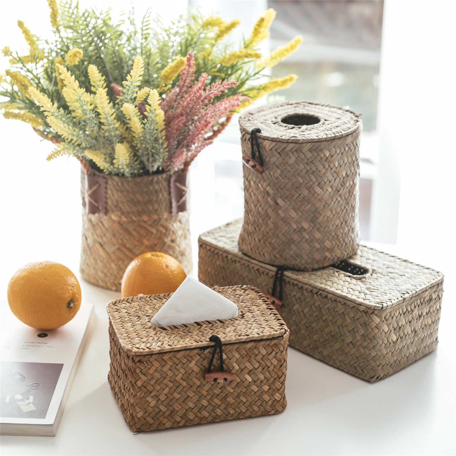 

NEWYEARNEW Vintage Handicraft Straw Tissue Box for Car Antique Noble Tissue Case Holder Home Decoration Storage Wedding Gift