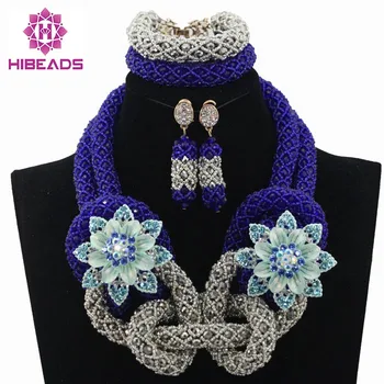 

Latest Nigerian Wedding Royal Blue African Beads jewelry Set Silver Beads Bride Jewelry Handmade Free Shippingt HX623
