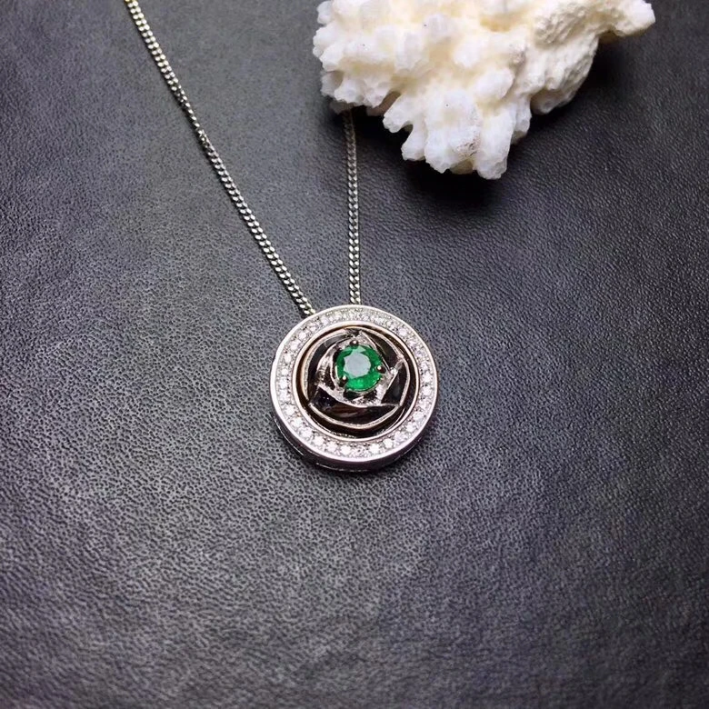 Naturel vert émeraude pendentif colliers naturel pierre gemme pendentif S925 argent mode ronde deux