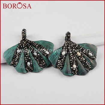 

BOROSA 10PCS New Leave Crystal Rhinestone Paved Shell Carved Bronze Charm Druzy Pendant for Necklace Making for Women JAB744