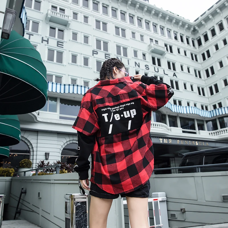 Red And Black Plaid Patchwork Shirt Men  (27)