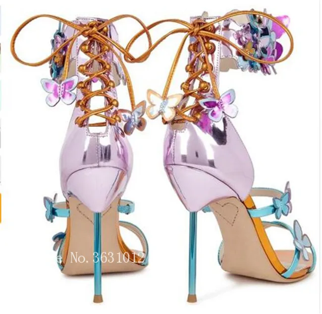 Fashion Colorful Butterfly Ankle Strap Sandals Appliques Metallic Leather Turquoise Strappy High Heel Shoes Lace Up Woman Sandal