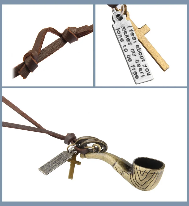 NIUYITID Vintage Somke Pipe Necklace & Pendant Men Women Long Leather Chain Jewelry Adjustable Male Neckless Accessories (7)