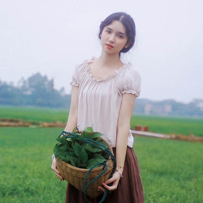 

LYNETTE'S CHINOISERIE Summer Original Design Women Vintage All-match Sweet Puff Sleeves Loose Beige Linen Pullover Shirts/Blouse