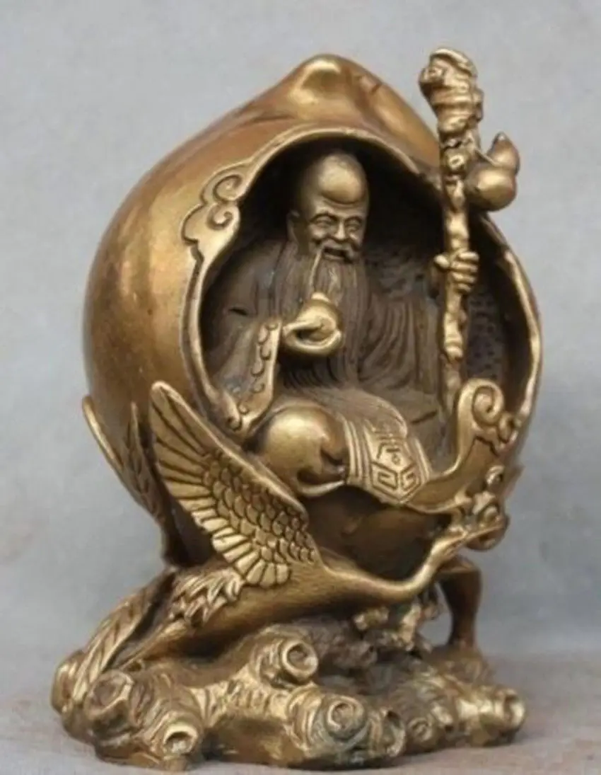 

7 " Exquisite Chinese Fengshui Brass God of longevity Sitting on Crane Auspicious Statue