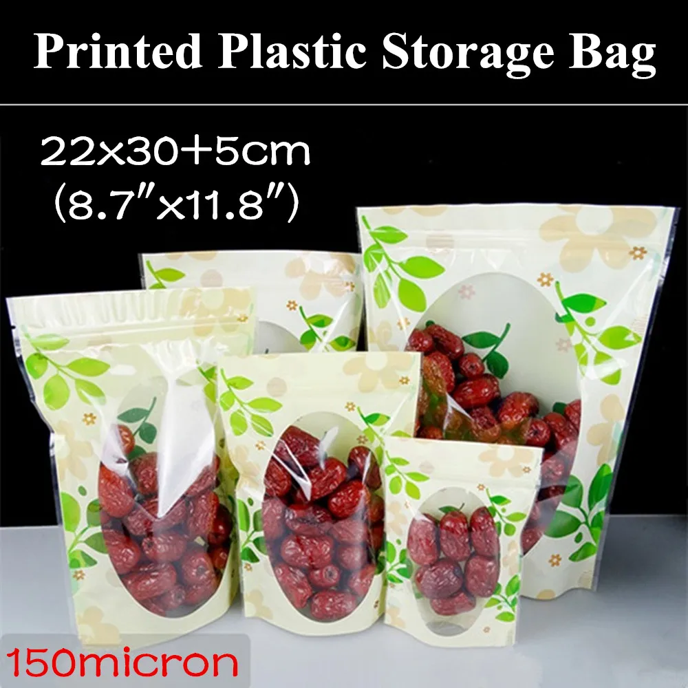 50pcs 22x30+5cm (8.7"x11.8") Stand up Color Printed Plastic Packaging Bag Green Leaf Clear