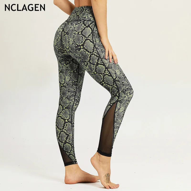 

NCLAGEN 2019 Women Sexy Snake Skin Print Mesh Patchwork Butt Leggings Elasticity Pencil Pants Capris Yogaings Booty Leggings