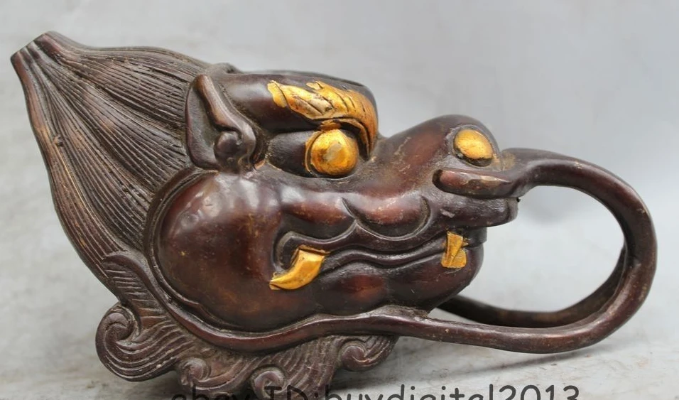 

4"Marked Chinese China Dynasty Palace Feng Shui Bronze Gild Dragon Head flagon