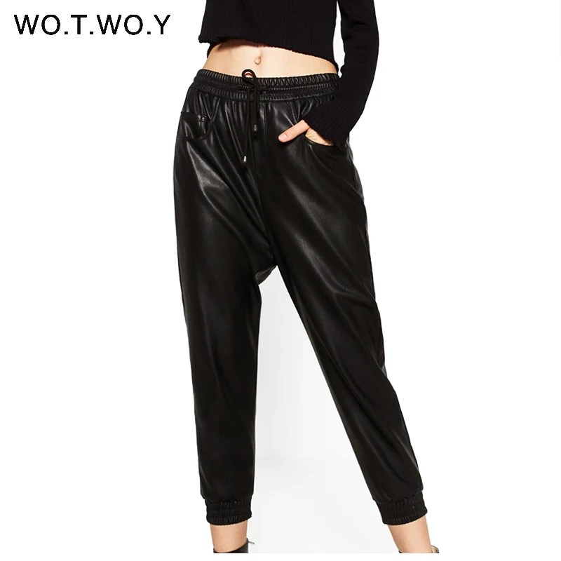 WOTWOY Casual Loose Black Leather Pants 