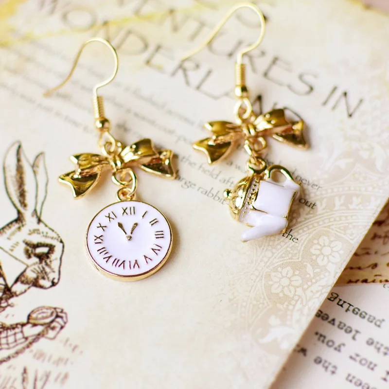 

Miage Vintage Cartoon Design Metal Asymmetric Afternoon Tea Clock Teapot bowknot Drop Earrings Romantic Sweet Dangle Earrings