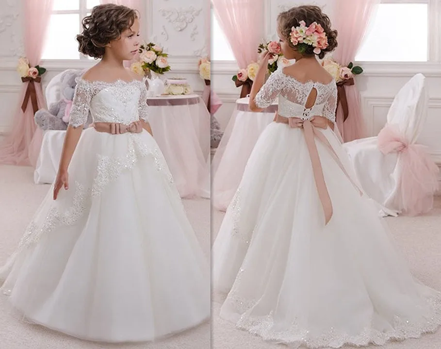 

Gorgeous New First Communion Dress Lace Up Off The Shoulder Appliques Key Hole Ball Gown Flower Girls Dress for Wedding