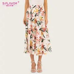 S. FLAVOR Для женщин миди Повседневная юбка с цветочным принтом, Для женщин длинные Стиль юбка трапециевидной формы в стиле «Бохо пляжные
