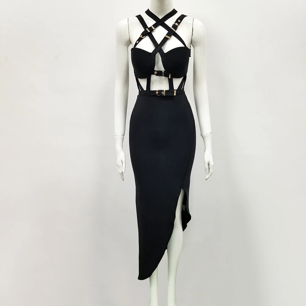 

Summer Dress Women 2019 New Fashion Sexy Hollow Out Black Bandage Dress Designer Celebrity Irregular Party Dress