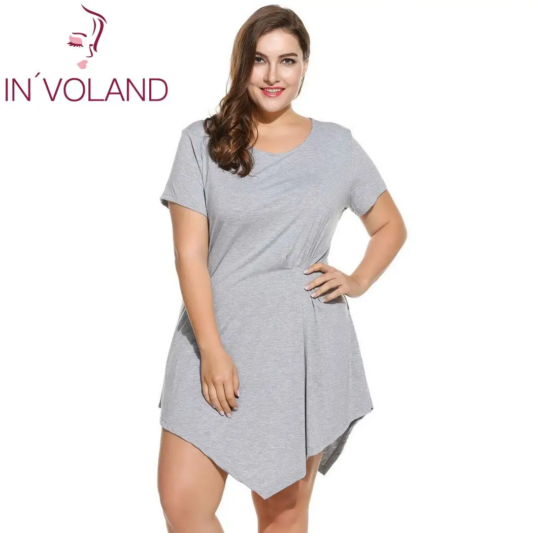 

IN'VOLAND Plus Sizes Women Dress Short Sleeve Solid Draped Front Asymmetrical Summer Dress Causal Female Robe Party Vestido