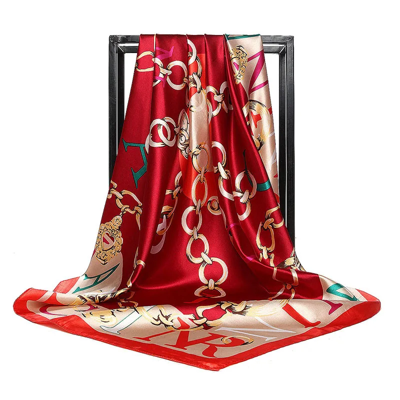 

Luxury Brand Women Twill Silk Scarf Letter Chain Print Square Scarves Wraps Fashion Female Hijab Headband