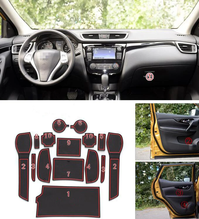 

AHHDMCL Car Door Groove Mat Gate Slot Cup Armrest Storage Pad Mat For Nissan Qashqai 2016 2017
