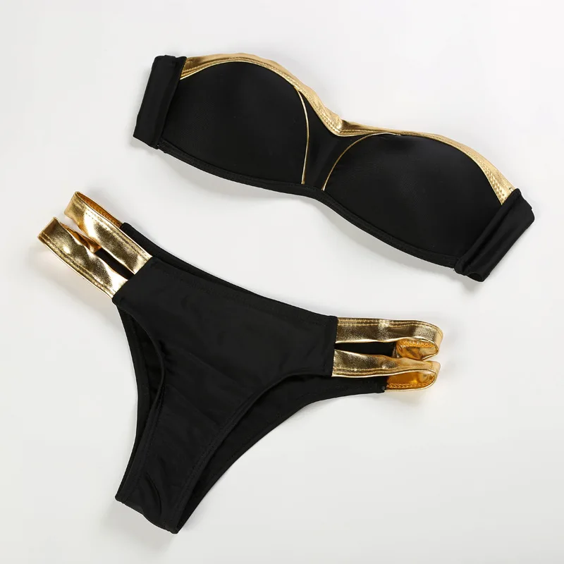 

2018 Sexy Thong Bikinis Set Women Gold Black Patchwork Swimwear Female Push Up Bandeau Bikini Swim Bathing Suit Women Swimsuit