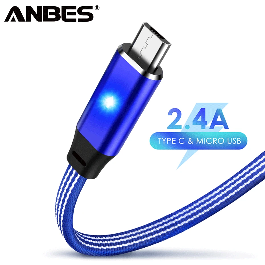 

ANBES Micro USB Type C Cable Fast Charging Cable Weaving Charger Cable With Breathing light for Samsung Xiaomi Huawei Date Cable