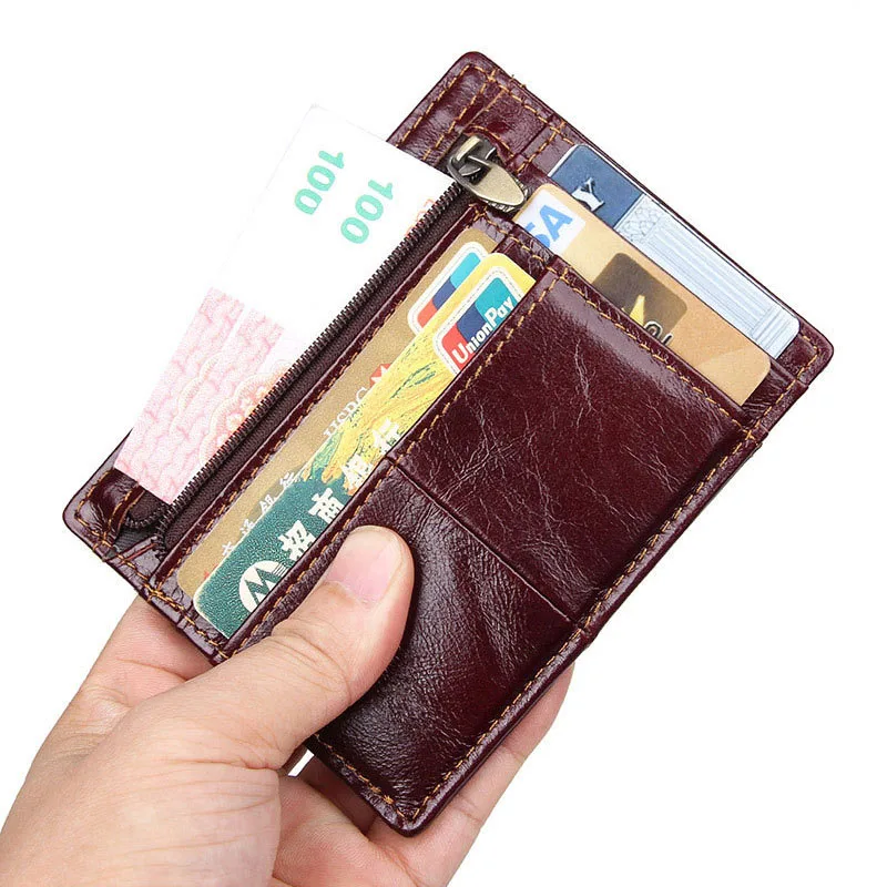 

Cowhide Genuine Leather RFID Men Card Wallet Mini Card Holder with Coin Pocket Women's Small Change Purse Thin Slim Wallets