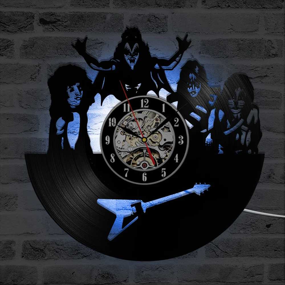 Винтаж Виниловая пластинка настенные часы с семью различными цвета изменить музыкальная тема рок-группа Kiss светодиодные часы 12 дюймов