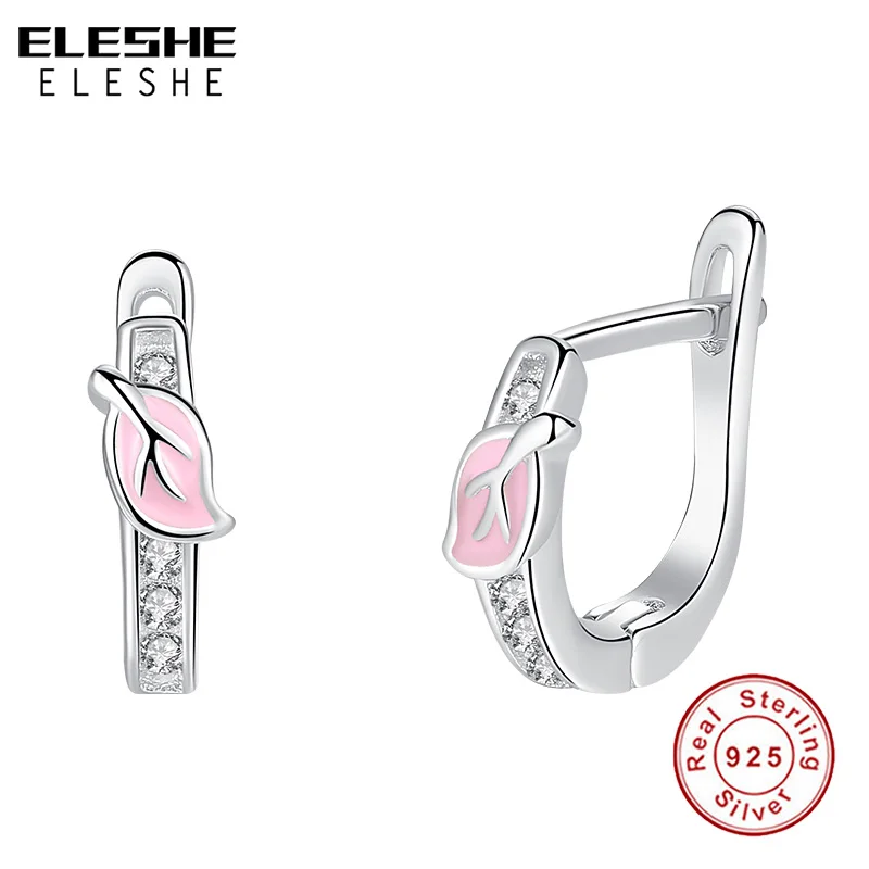 

ELESHE Authentic 100% 925 Sterling Silver Pink Enamel Leaf Hoop Earrings For Children Girl Pave Crystal Earrings Fashion Jewelry