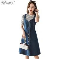 2019 Summer New Retro Preppy Style Single-breasted High-waisted Blue Denim Suspender Dress Woman Knee Length Sexy Party Dresses