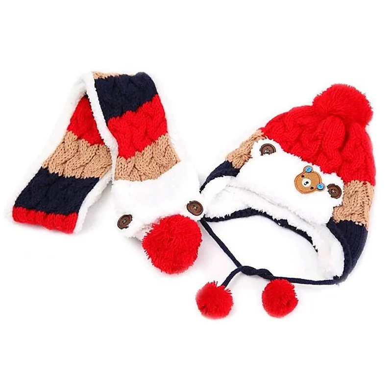 2 шт милый медведь Дети Зима 3 цвета полосатый шерстяные шляпы теплые наушники с шарфом - Цвет: Красный