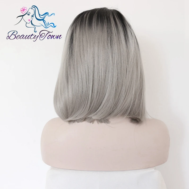 BeautyTown серый Glueless Ombre натуральный черный серебряный серый короткий Боб термостойкие волосы синтетические парики на кружеве для женщин подарок