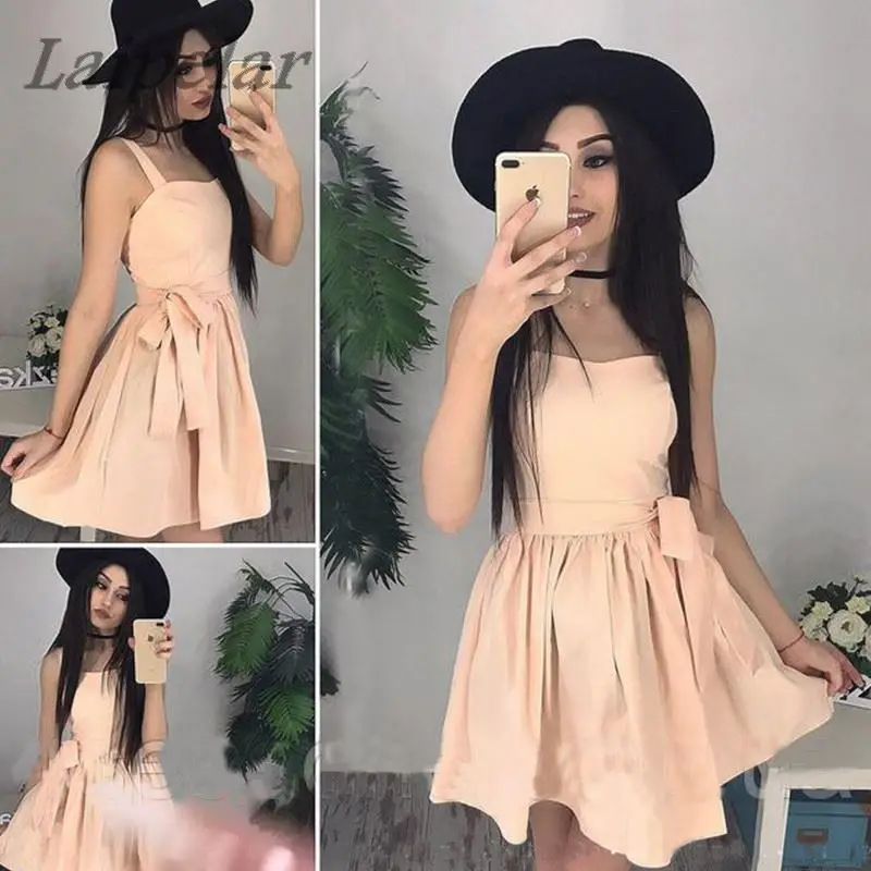 

Women Casual Sleeveless Strap Party Dress Sexy V neck Sashes Solid Mini Dresses 2018 Summer New Fashion Ladies Empire Dresses