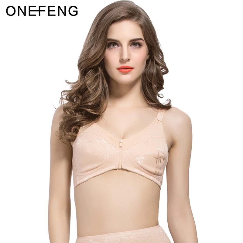 

ONEFENG Breast Forms Mastectomy Bra Front Closure Zipper Designed with Pockets for Breast Implants Beige Color 6013
