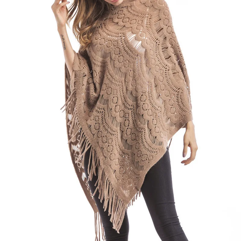 SWYIVY Free Size Woman Cloak Tassel Sweater 2018 Autumn Winter Ladies Loose Lace Flower Knitwear Outwear Mid Long Sweater