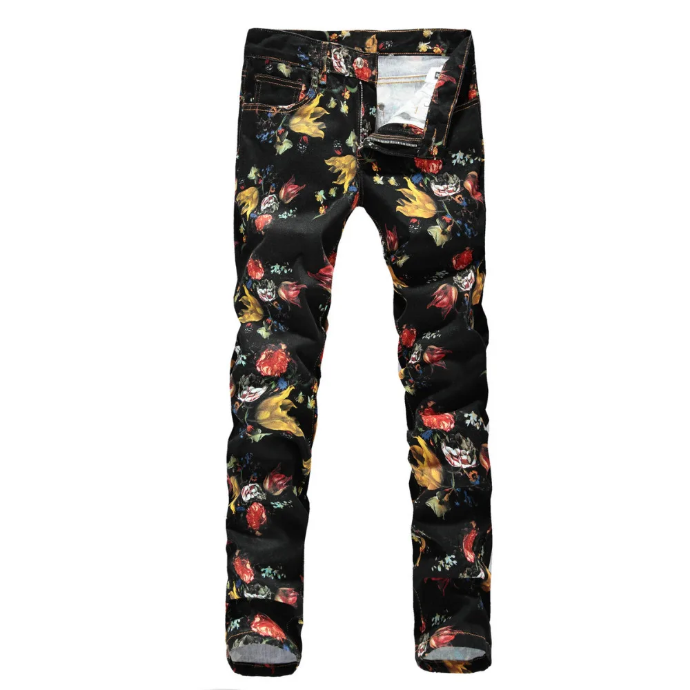 Mens Floral Printed Jeans Trousers Fashion Casual Flower Painting Long ...