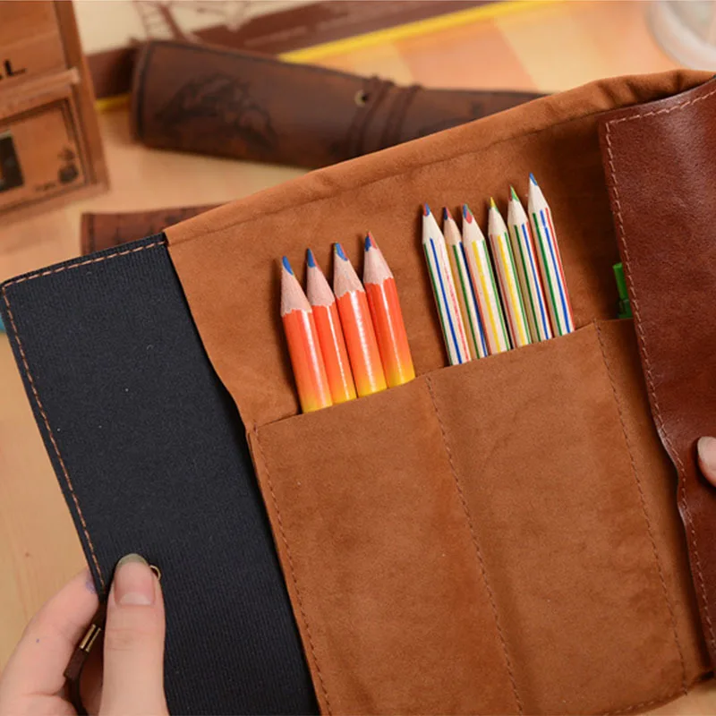 Vintage leather pencil case for boys girls school pencil bag pencil-case school supplies pencil cases