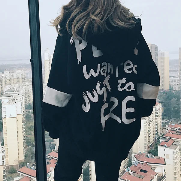 

2017 Autumn Korean Style Long Loose Letter Printed Letters Hooded Character Female Bf Wind Stitching Full Sleeve Sweatshirt