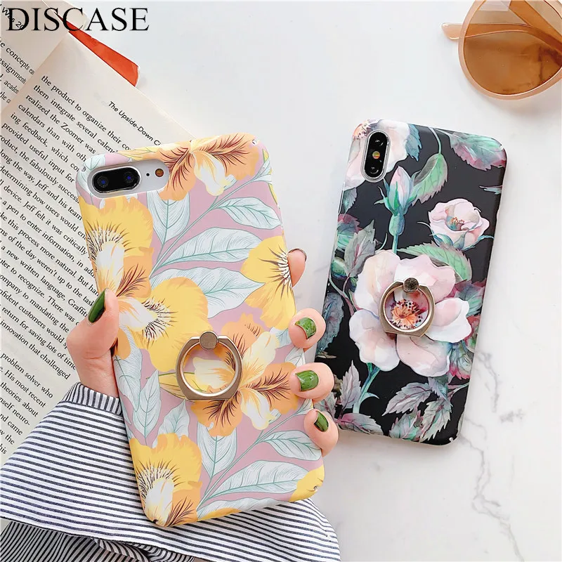 

DISCASE Vintage Flower Ring Phone Case For iphone 8 7 6 6s plus XS MAX XR X Hard Shell PC Water Paste All Inclusive Coque Funda
