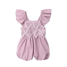 Милый кружевной комбинезон с коротким рукавом для маленьких девочек, Стрейчевые комбинезоны со шнуровкой сзади, Детские хлопковые комбинезоны с оборками, комбинезон принцессы