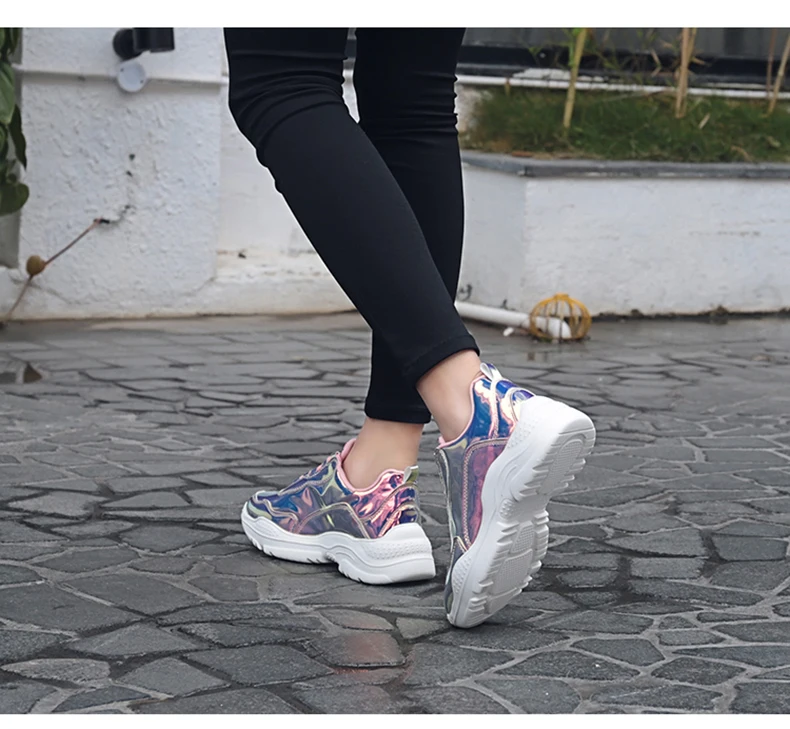 Женские Светоотражающие туфли серебристого цвета; женские спортивные ботинки на толстой платформе с тройной радугой; tenis masculino; горячая распродажа; размеры 36-41
