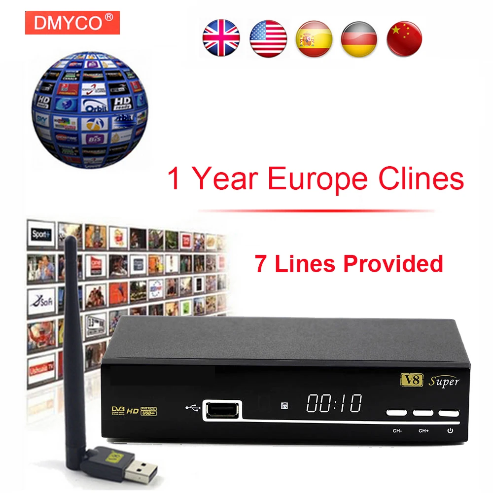 1 Year Europe C-line Server HD V8 Super DVB-S2 Satellite Receiver Full 1080P Italy Spain Arabic With USB Wifi V8 Super Receptor