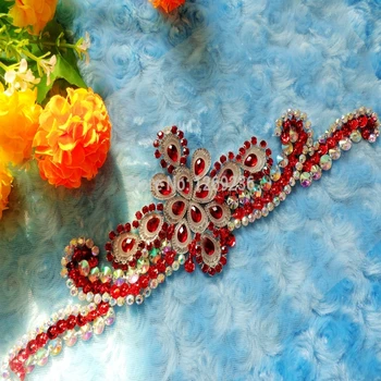 

handmade red Hot drilling Rhinestone pearl lace embroidery patch applique wedding dress bordados DIY Performance clothing