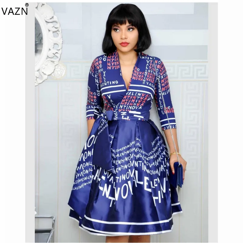 

VAZN summer 2019 hot sale women elegant formal dresses seven points sleeve deep v dresses printed knee-length fashion dress YW20