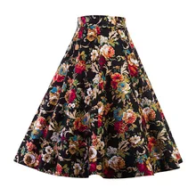 Women Midi Pleated Skirts Vintage 50s 60s Flower Printed Summer Skirts Ball Gown High Waist Audrey Hepburn Swing Skirts 2018