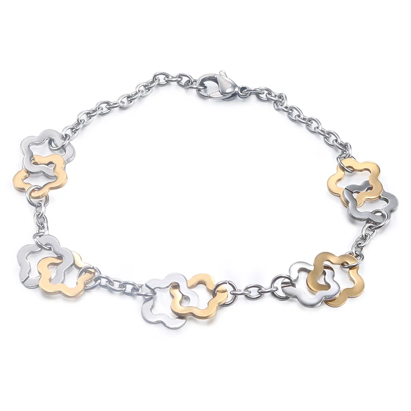 

2019 New design Wholesale Stainless Steel silver& gold color flower charm bracelet for women Br032218