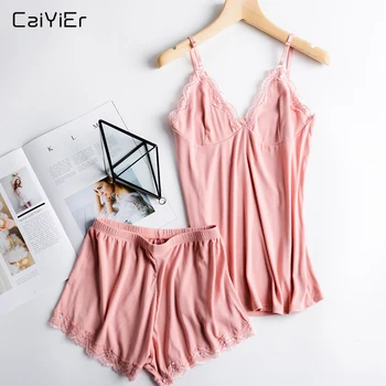 

Caiyier Pink Pajama Set Strap Lace Cotton 2018 Women Sexy Lingerie Fashion Vest Shorts Pants Sleepwear Set Summer Pajamas Suits
