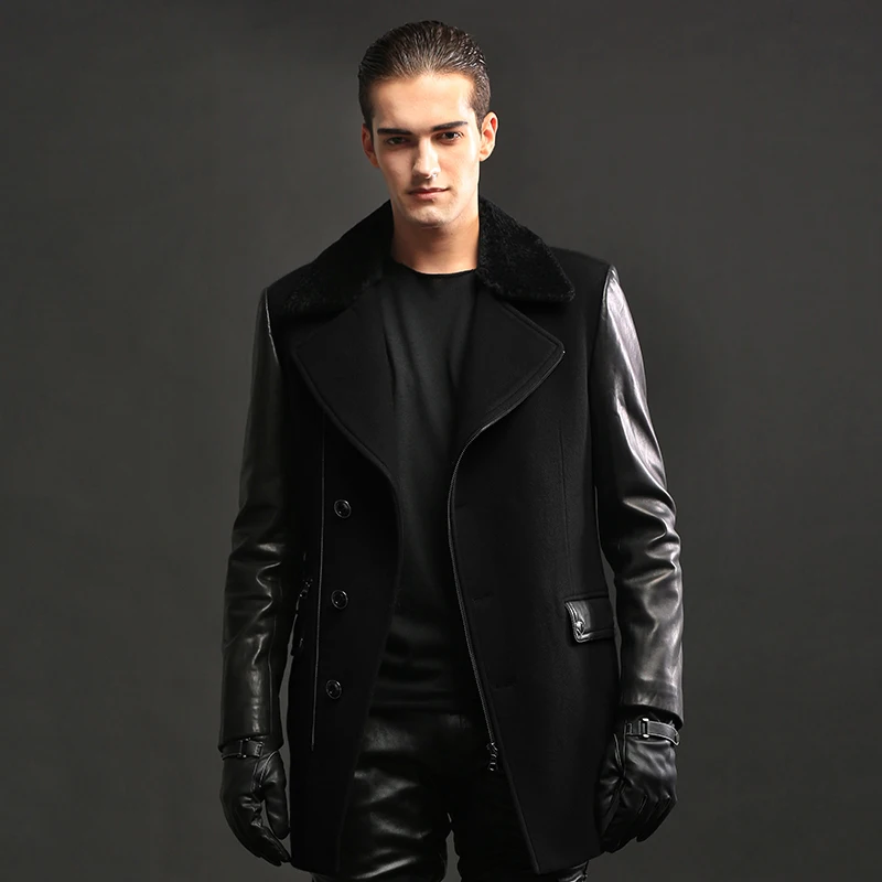 

2014 Autumn And Winter Plus Size Men's Fashion Cashmere And Sheepskin Overcoat Male Medium-long Fur Collar Woolen Outerwear