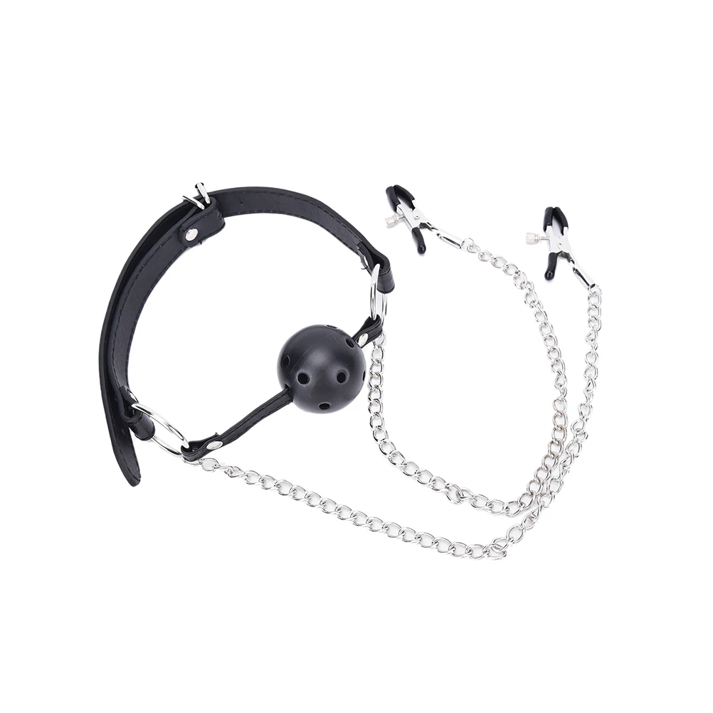 Novelty Leather Mouth Gag Ball Oral Sex With Breast Nipple Clamps With Chain Clip Bdsm Fetish Bondage Harness Exotic Accessories