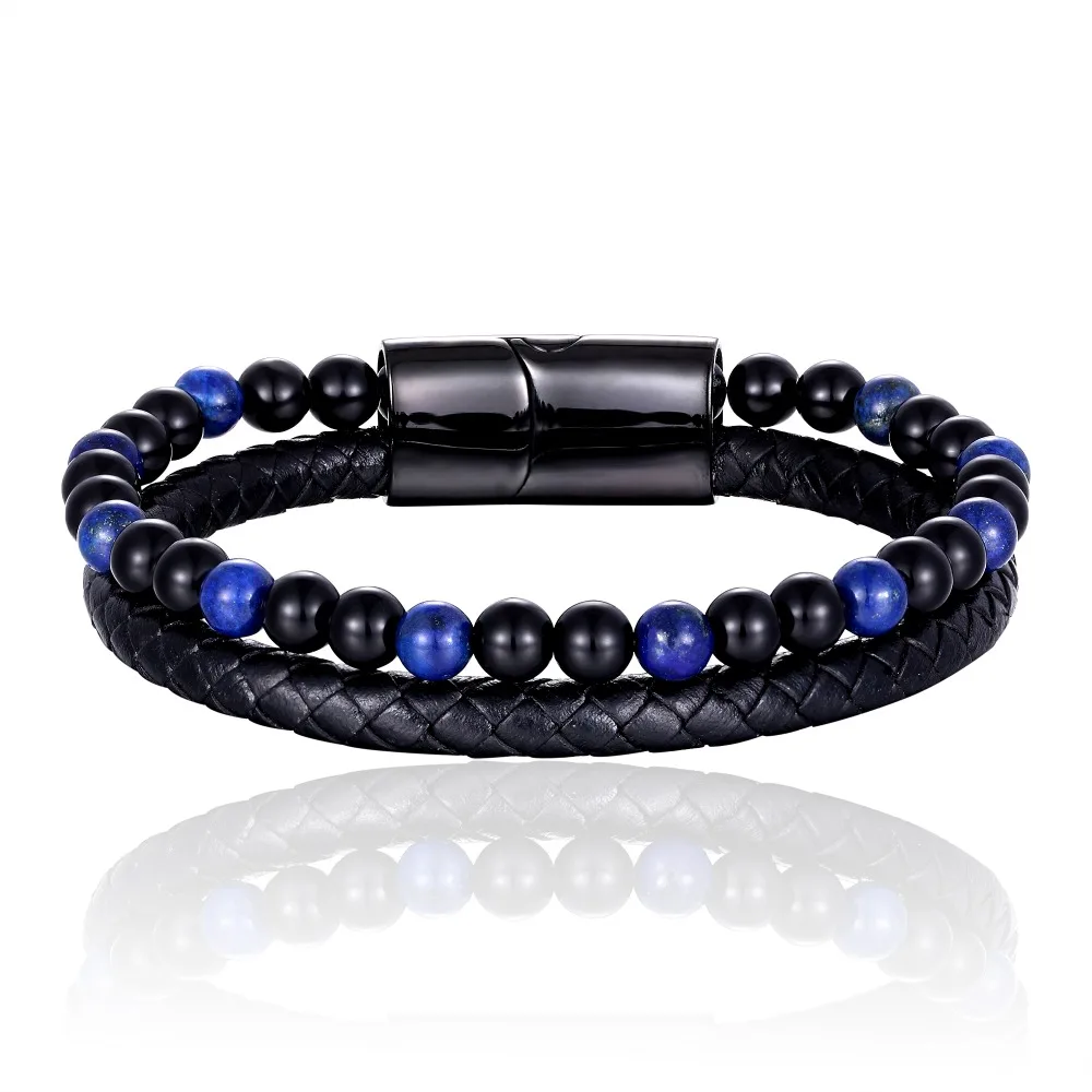 

High Quality Genuine Leather Weave Bracelet Stone Beads Stainless Steel Magnet Charm Bracelets For Women Gift Men Jewelry