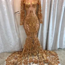 Со сверкающими блестками Длинные рукава Русалка Золотые платья на выпускной для черной девочки сексуальная отделка настоящим кружевом Африканский вечернее формальное платье