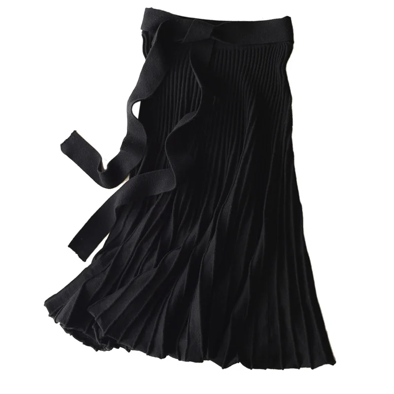 

2019 autumn and winter high-waisted pleated large-knit women's slim umbrella A word wool